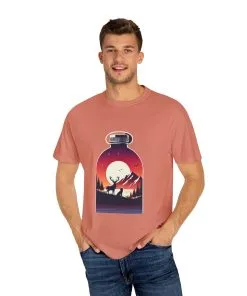 Adventure mountain t-shirt with deer and nature print, eco-friendly outdoor t-shirt, scenic wildlife graphic tee, unisex nature lover’s t-shirt.