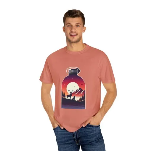 Adventure mountain t-shirt with deer and nature print, eco-friendly outdoor t-shirt, scenic wildlife graphic tee, unisex nature lover’s t-shirt.