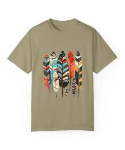 Colorful feather t-shirt with bohemian feather print, artistic tribal feather design tee, unisex boho chic feather graphic t-shirt on white fabric.