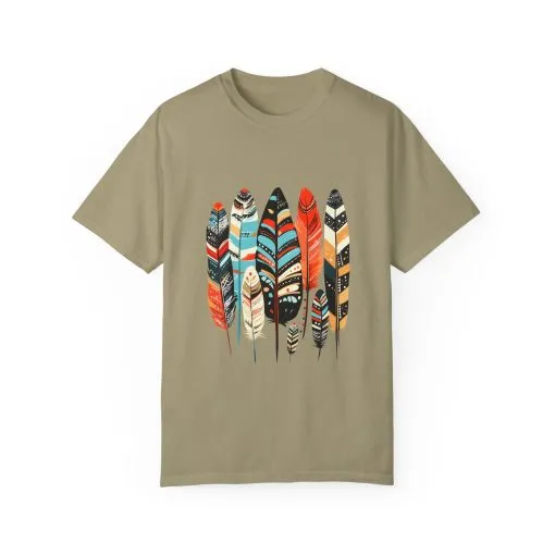 Colorful feather t-shirt with bohemian feather print, artistic tribal feather design tee, unisex boho chic feather graphic t-shirt on white fabric.