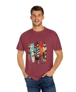 Colorful feather t-shirt with bohemian feather print, artistic tribal feather design tee, unisex boho chic feather graphic t-shirt on white fabric.