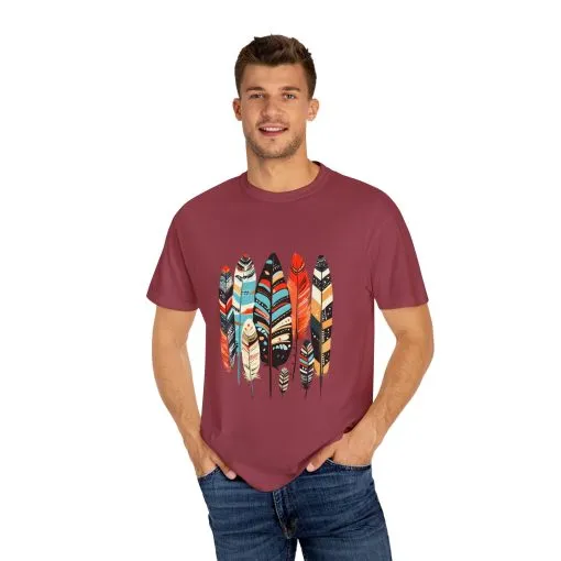 Colorful feather t-shirt with bohemian feather print, artistic tribal feather design tee, unisex boho chic feather graphic t-shirt on white fabric.