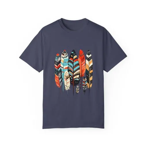 Colorful feather t-shirt with bohemian feather print, artistic tribal feather design tee, unisex boho chic feather graphic t-shirt on white fabric.