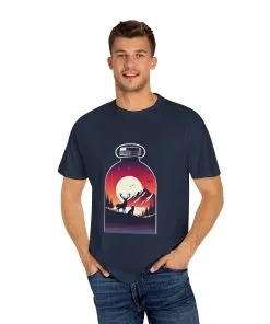 Adventure mountain t-shirt with deer and nature print, eco-friendly outdoor t-shirt, scenic wildlife graphic tee, unisex nature lover’s t-shirt.