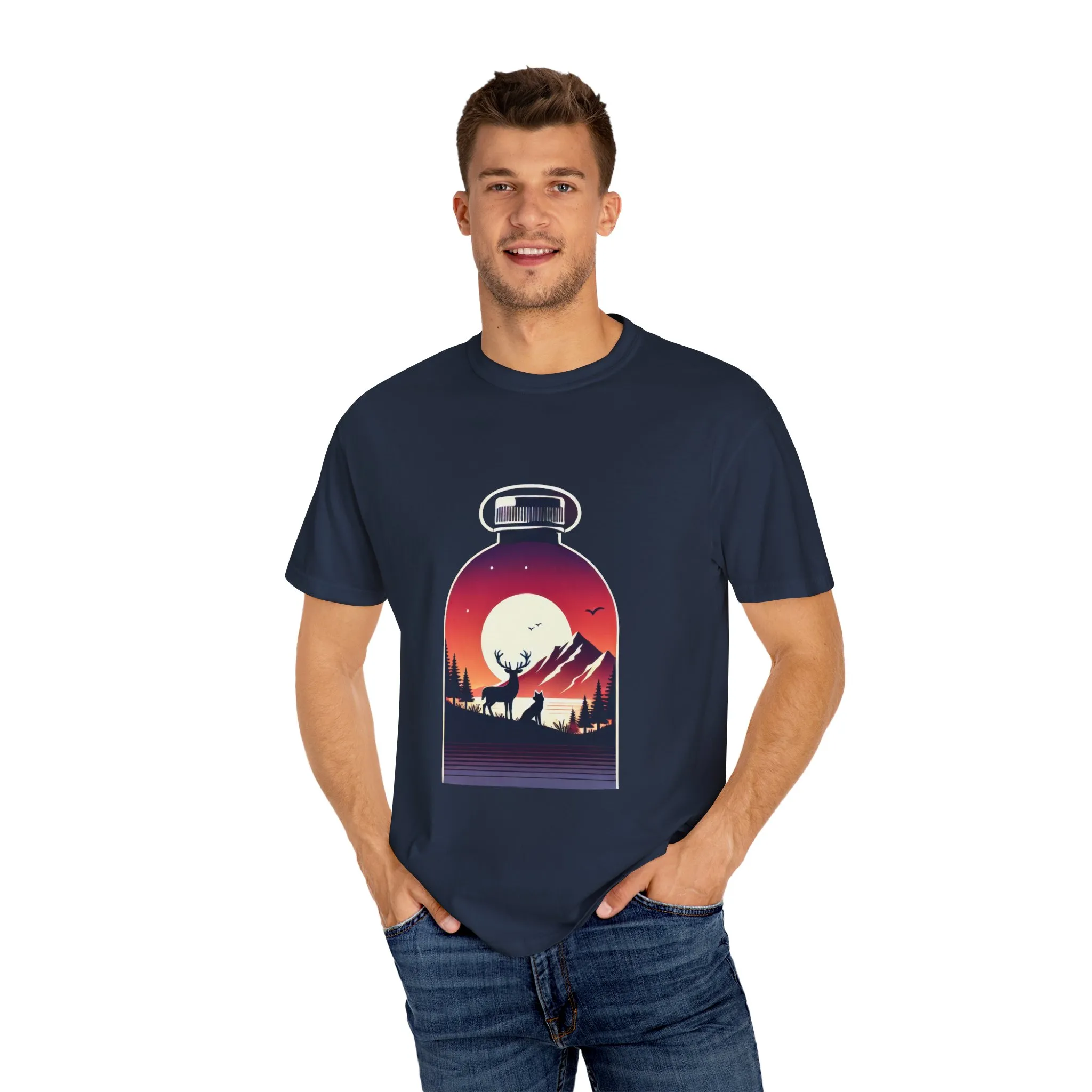 Adventure mountain t-shirt with deer and nature print, eco-friendly outdoor t-shirt, scenic wildlife graphic tee, unisex nature lover’s t-shirt.