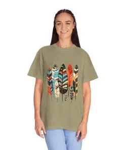 Colorful feather t-shirt with bohemian feather print, artistic tribal feather design tee, unisex boho chic feather graphic t-shirt on white fabric.