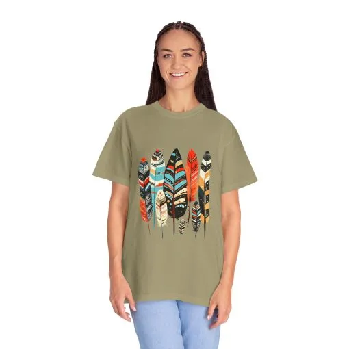 Colorful feather t-shirt with bohemian feather print, artistic tribal feather design tee, unisex boho chic feather graphic t-shirt on white fabric.