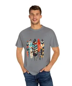 Colorful feather t-shirt with bohemian feather print, artistic tribal feather design tee, unisex boho chic feather graphic t-shirt on white fabric.