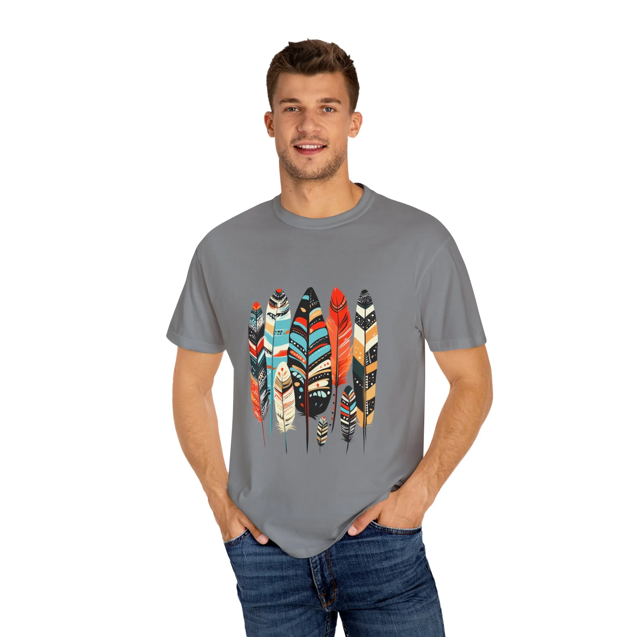 Colorful feather t-shirt with bohemian feather print, artistic tribal feather design tee, unisex boho chic feather graphic t-shirt on white fabric.