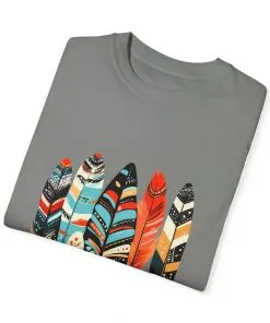 Colorful feather t-shirt with bohemian feather print, artistic tribal feather design tee, unisex boho chic feather graphic t-shirt on white fabric.