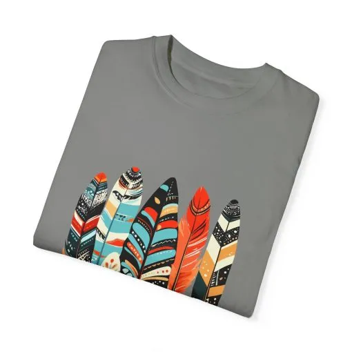 Colorful feather t-shirt with bohemian feather print, artistic tribal feather design tee, unisex boho chic feather graphic t-shirt on white fabric.