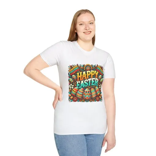 Happy Easter Unisex Softstyle T-Shirt - Colorful Easter Egg Design - Image 9