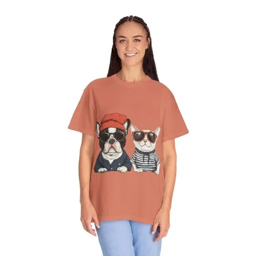 Trendy French Bulldog & Cat T-Shirt | Unisex Vintage Graphic Tee with Cool Sunglasses Design - Image 8