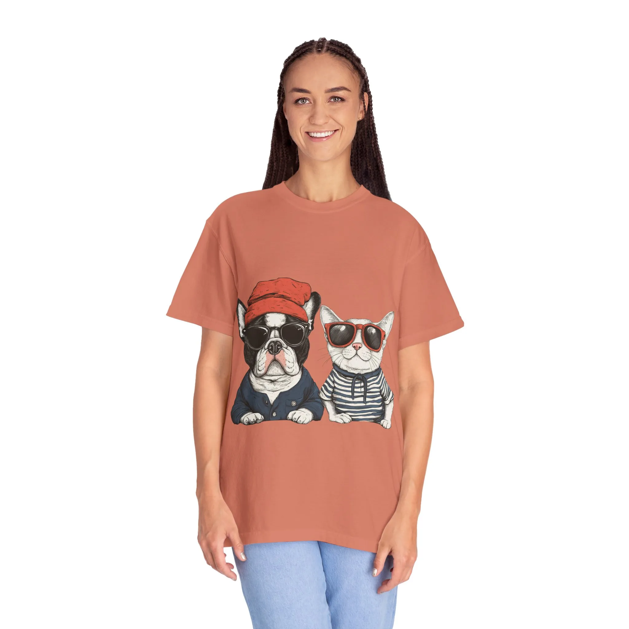 Trendy French Bulldog & Cat T-Shirt, Unisex Vintage Graphic Tee with Cool Sunglasses Design - Image 8