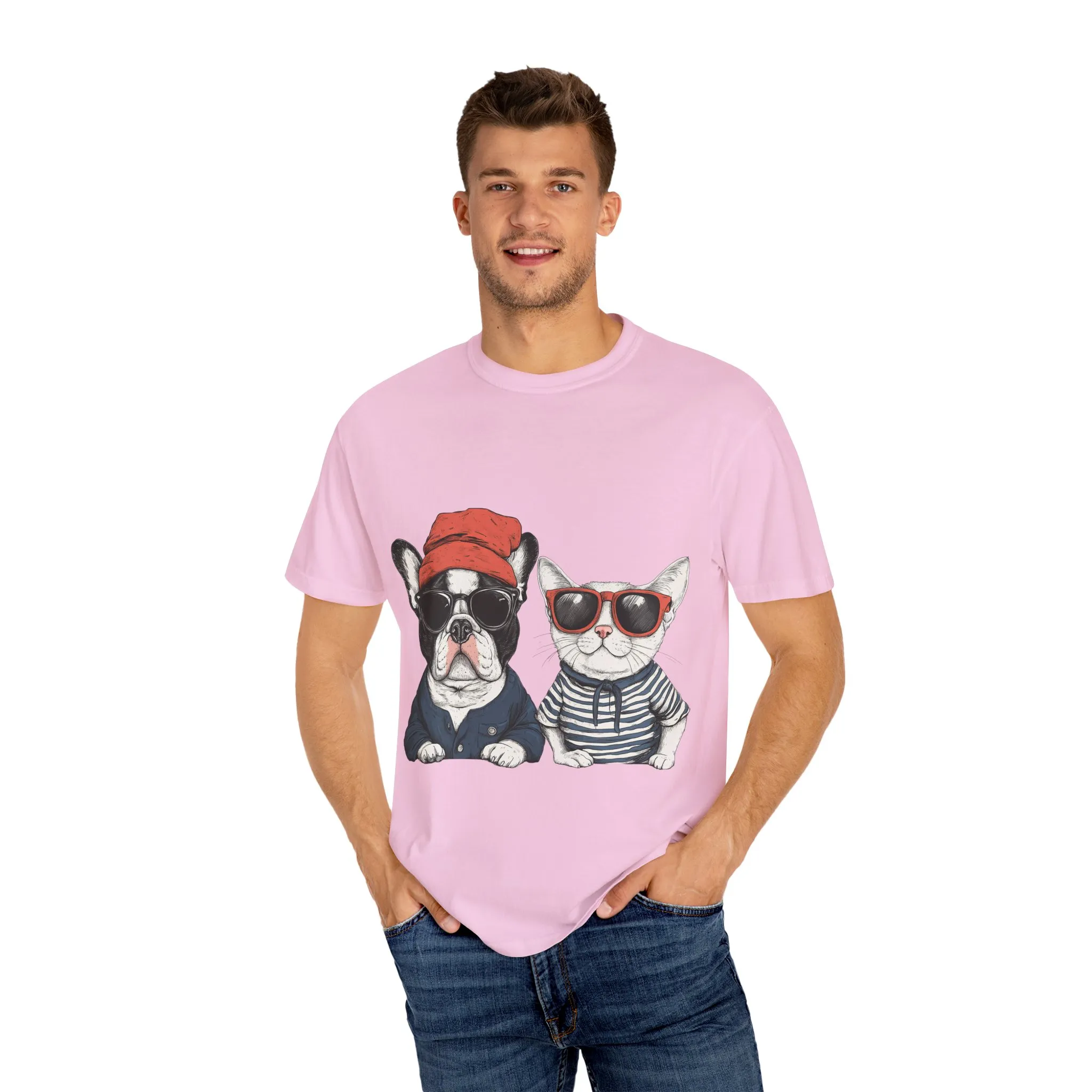 Trendy French Bulldog & Cat T-Shirt, Unisex Vintage Graphic Tee with Cool Sunglasses Design - Image 27