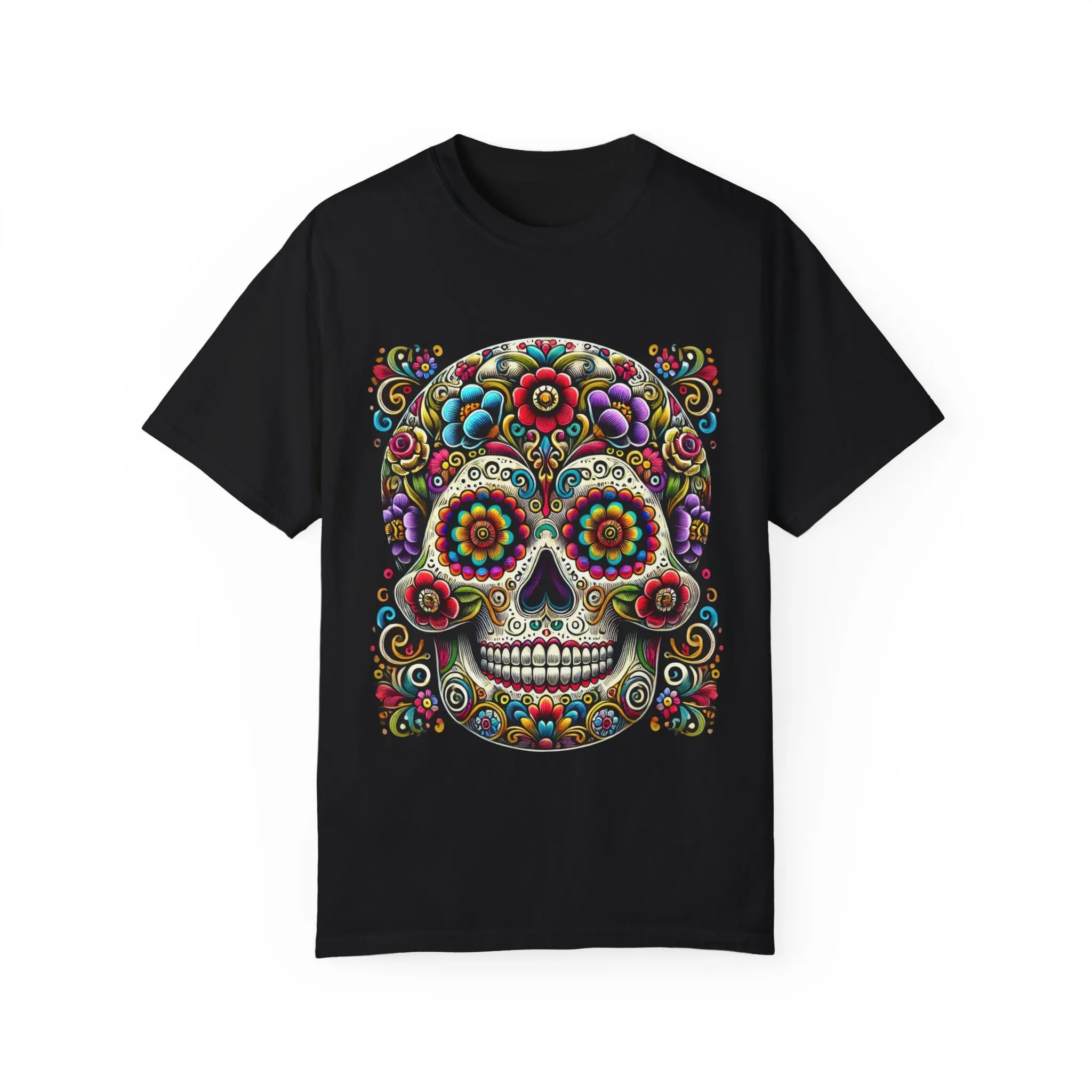 Colorful Floral Skull T-Shirt | Day of the Dead Style | Unisex Garment-Dyed Tee