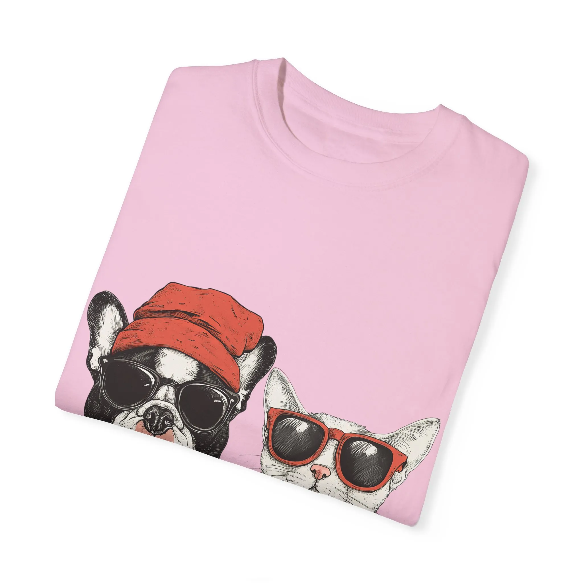 Trendy French Bulldog & Cat T-Shirt, Unisex Vintage Graphic Tee with Cool Sunglasses Design - Image 26