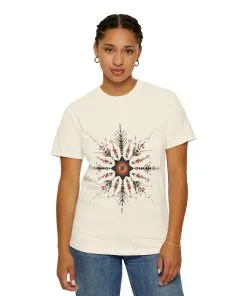 Boho chic nature t-shirt with geometric tribal design, artistic mandala print tee, unisex garment-dyed earthy tone t-shirt, bohemian festival fashion t-shirt.