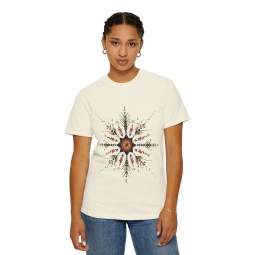 Boho chic nature t-shirt with geometric tribal design, artistic mandala print tee, unisex garment-dyed earthy tone t-shirt, bohemian festival fashion t-shirt.