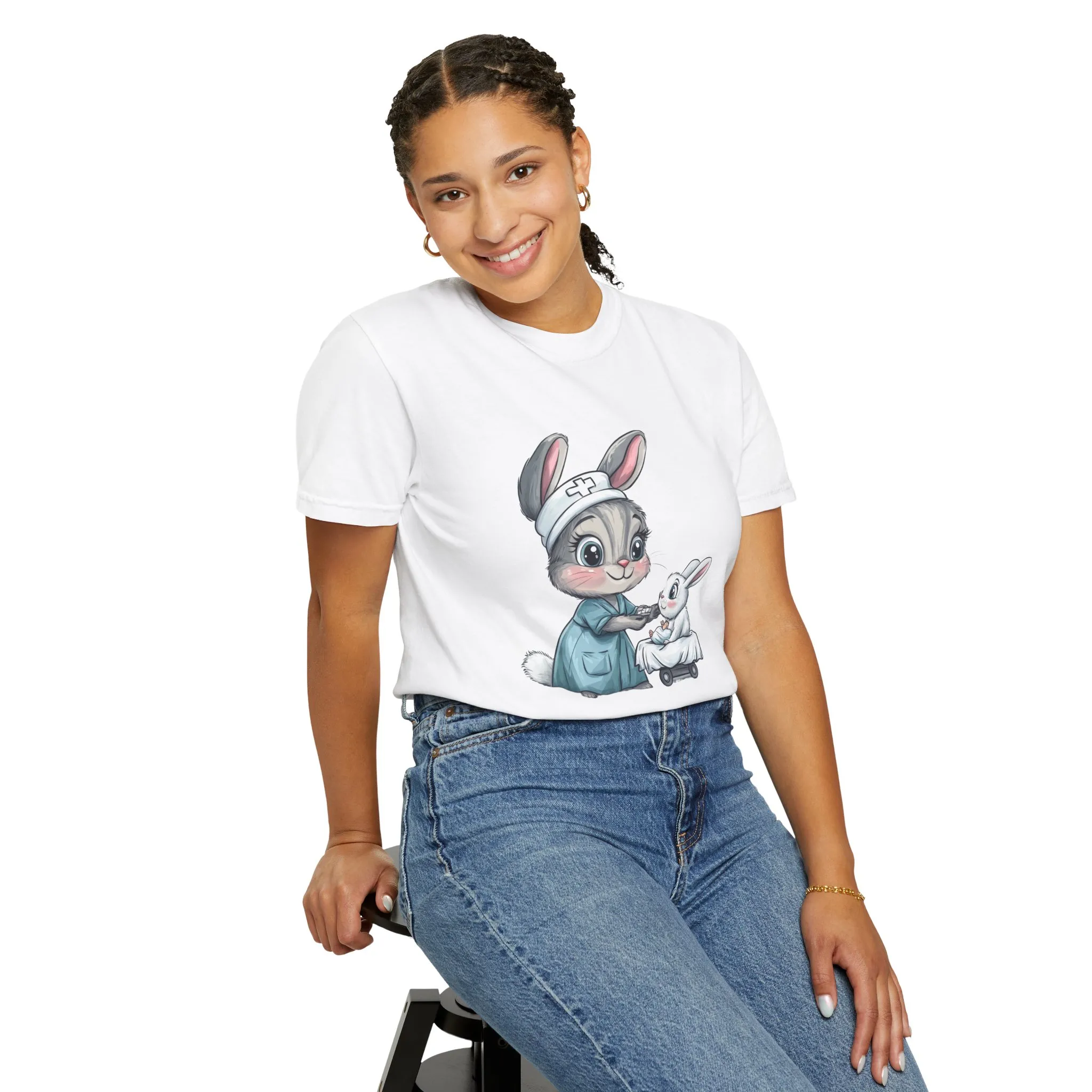 Cute Nurse Bunny Unisex Garment-Dyed T-Shirt - Image 4