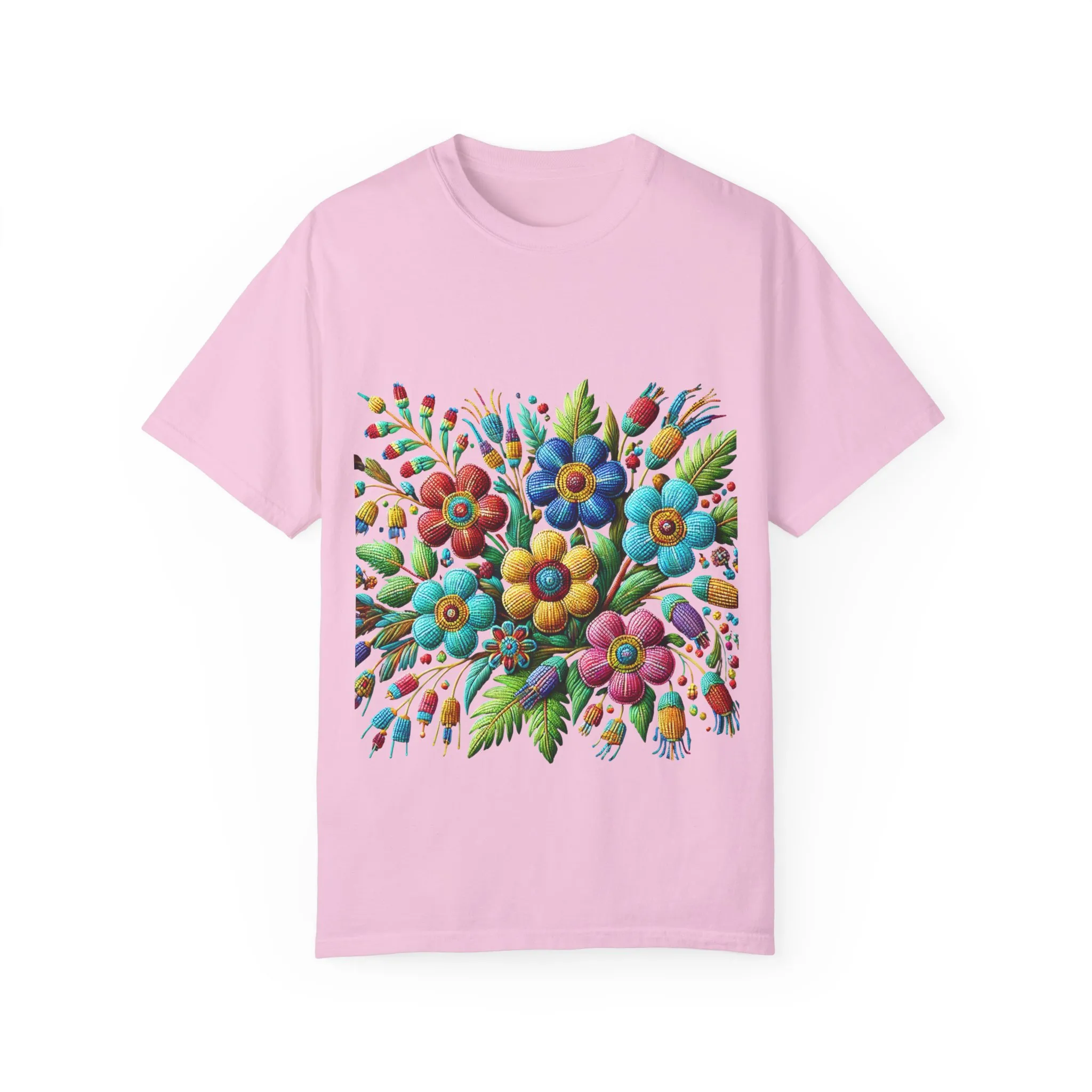 Colorful floral t-shirt with artistic flower print, vibrant unisex garment-dyed tee, bohemian botanical design t-shirt, handmade style floral print tee on light blue fabric.
