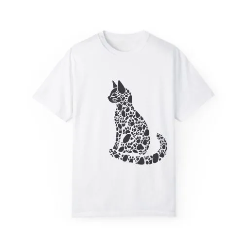 Unisex Cat Lover T-Shirt | Vintage Garment-Dyed Tee with Paw Print Cat Silhouette