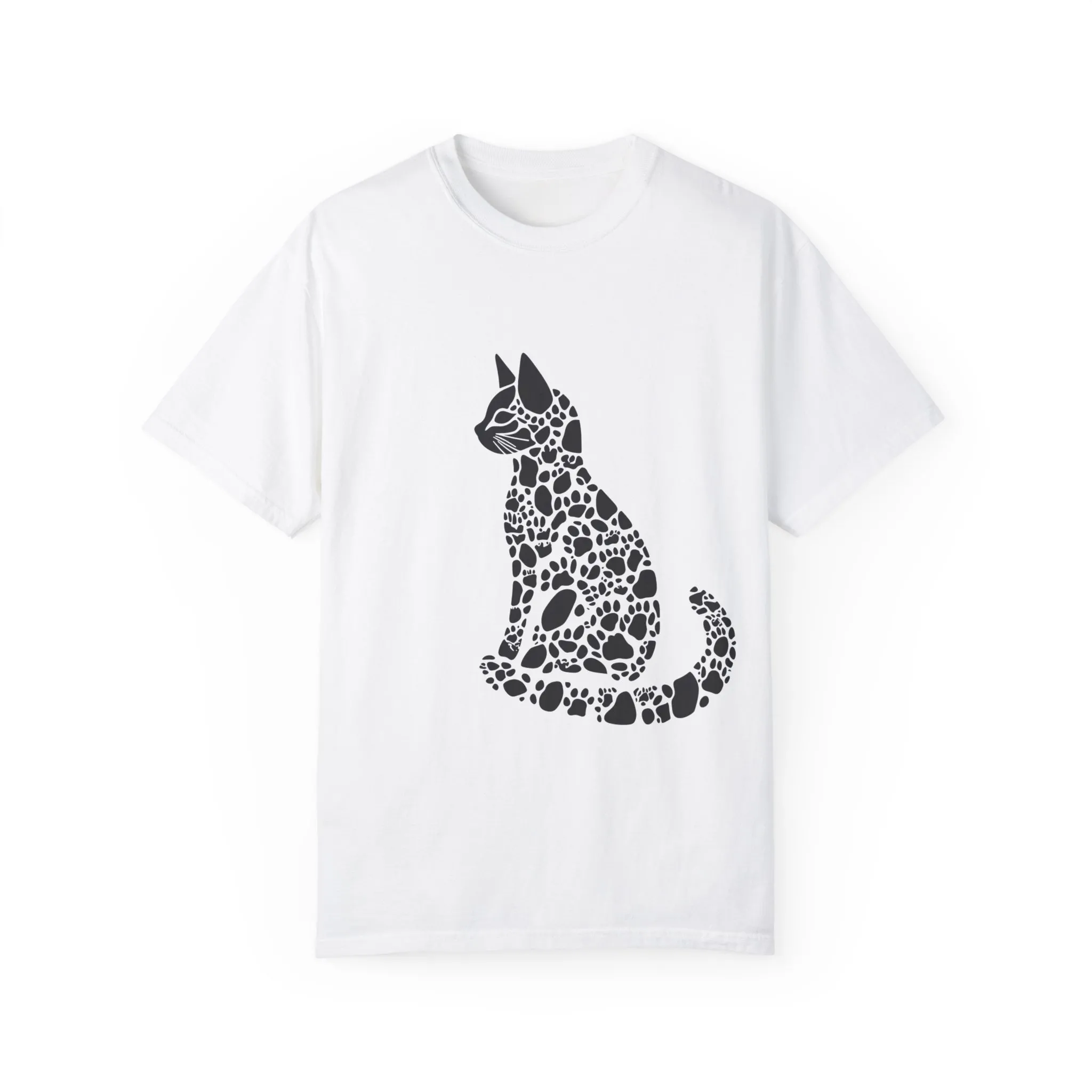 Unisex Cat Lover T-Shirt | Vintage Garment-Dyed Tee with Paw Print Cat Silhouette