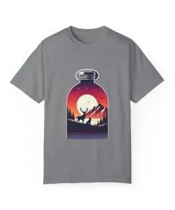 Adventure mountain t-shirt with deer and nature print, eco-friendly outdoor t-shirt, scenic wildlife graphic tee, unisex nature lover’s t-shirt.
