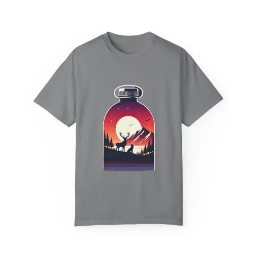 Adventure mountain t-shirt with deer and nature print, eco-friendly outdoor t-shirt, scenic wildlife graphic tee, unisex nature lover’s t-shirt.