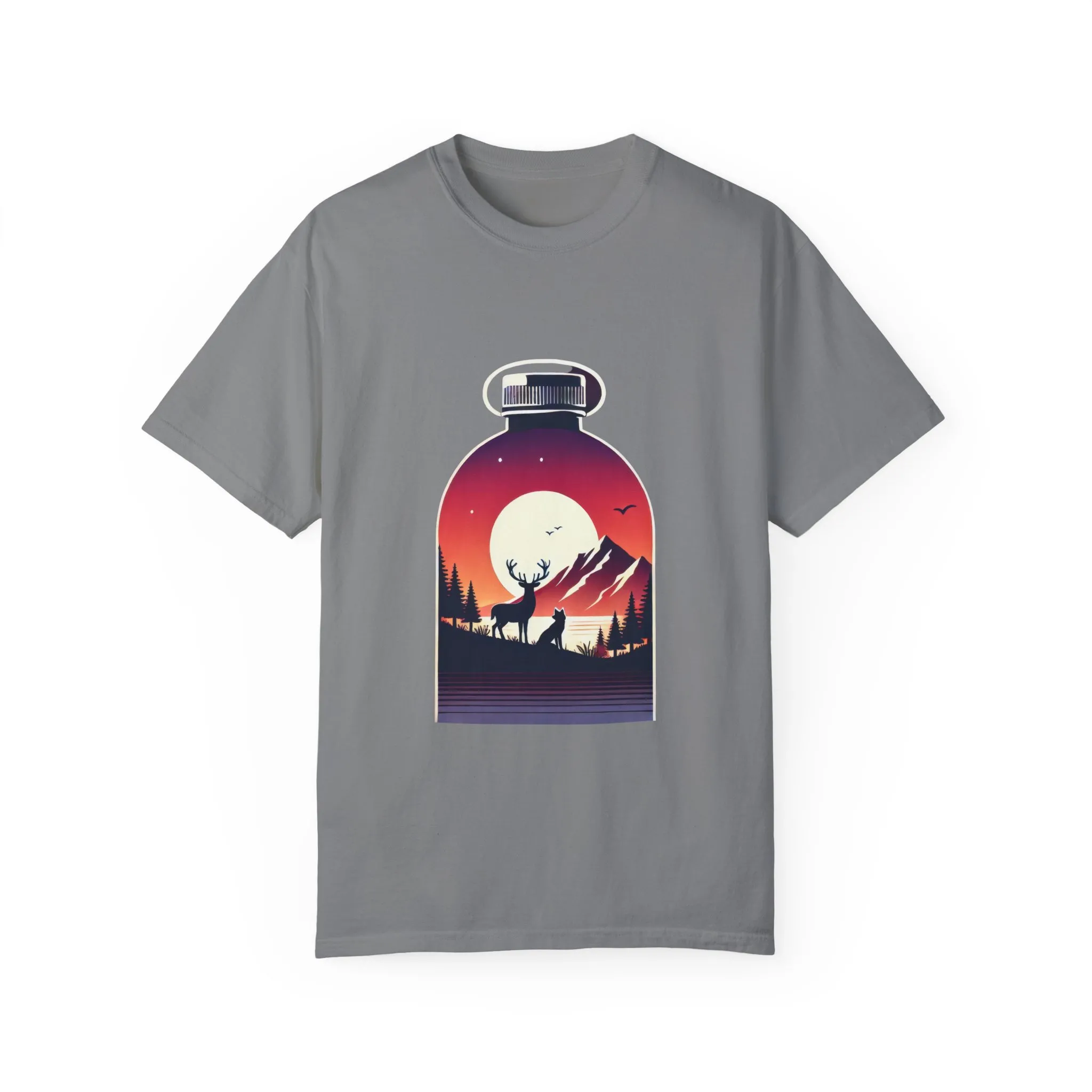 Adventure mountain t-shirt with deer and nature print, eco-friendly outdoor t-shirt, scenic wildlife graphic tee, unisex nature lover’s t-shirt.