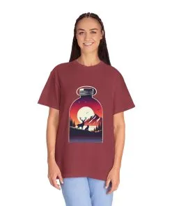 Adventure mountain t-shirt with deer and nature print, eco-friendly outdoor t-shirt, scenic wildlife graphic tee, unisex nature lover’s t-shirt.