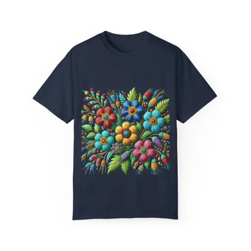 Colorful floral t-shirt with artistic flower print, vibrant unisex garment-dyed tee, bohemian botanical design t-shirt, handmade style floral print tee on light blue fabric.