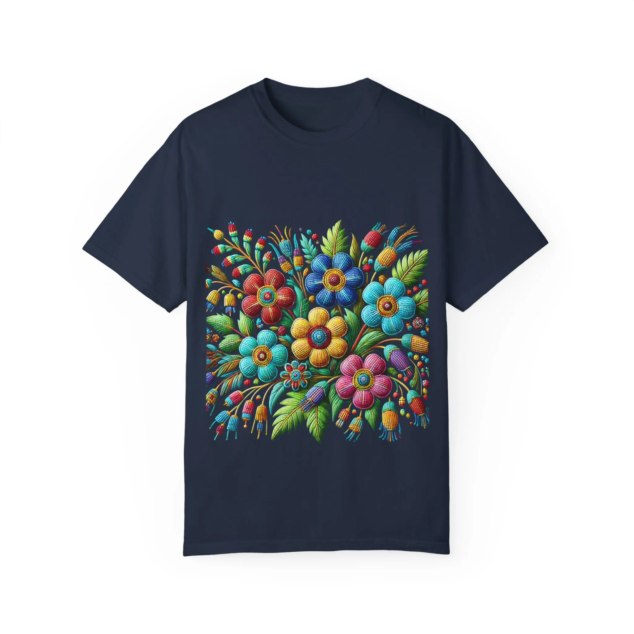 Colorful floral t-shirt with artistic flower print, vibrant unisex garment-dyed tee, bohemian botanical design t-shirt, handmade style floral print tee on light blue fabric.