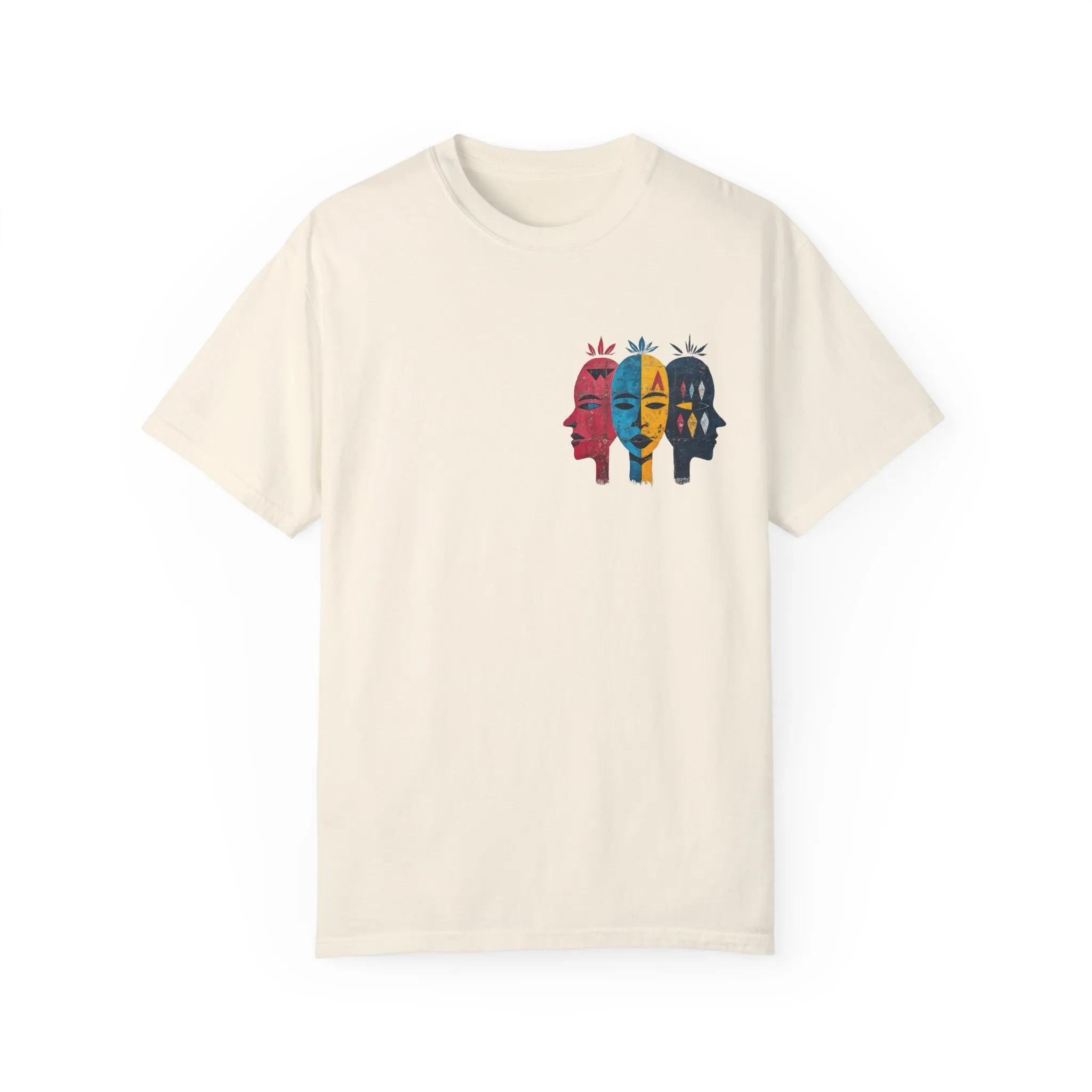 Vibrant Unisex Garment-Dyed T-Shirt with African Masks Design - Image 9