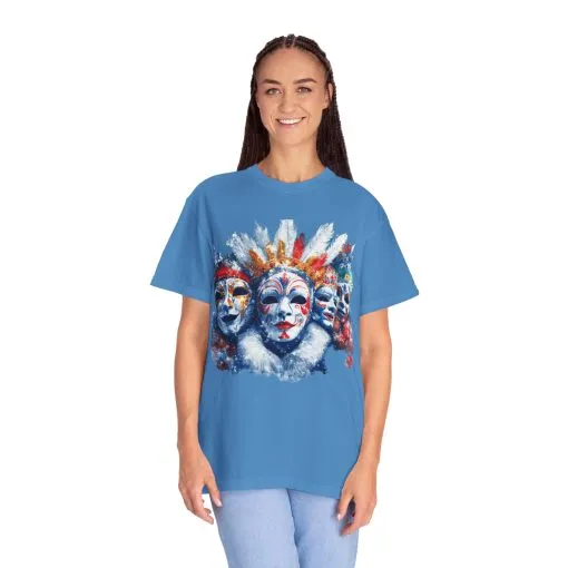 Vibrant Carnival Masks T-Shirt - Unisex Garment-Dyed Tee for Festive Celebrations