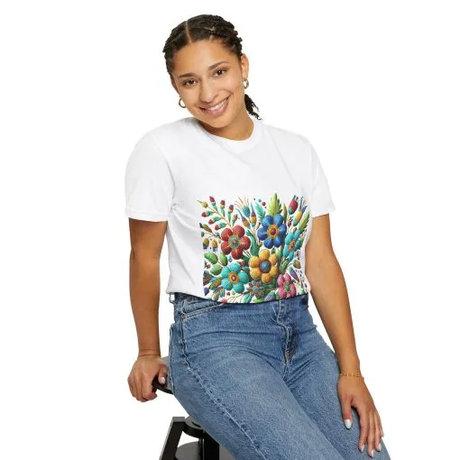 Colorful floral t-shirt with artistic flower print, vibrant unisex garment-dyed tee, bohemian botanical design t-shirt, handmade style floral print tee on light blue fabric.