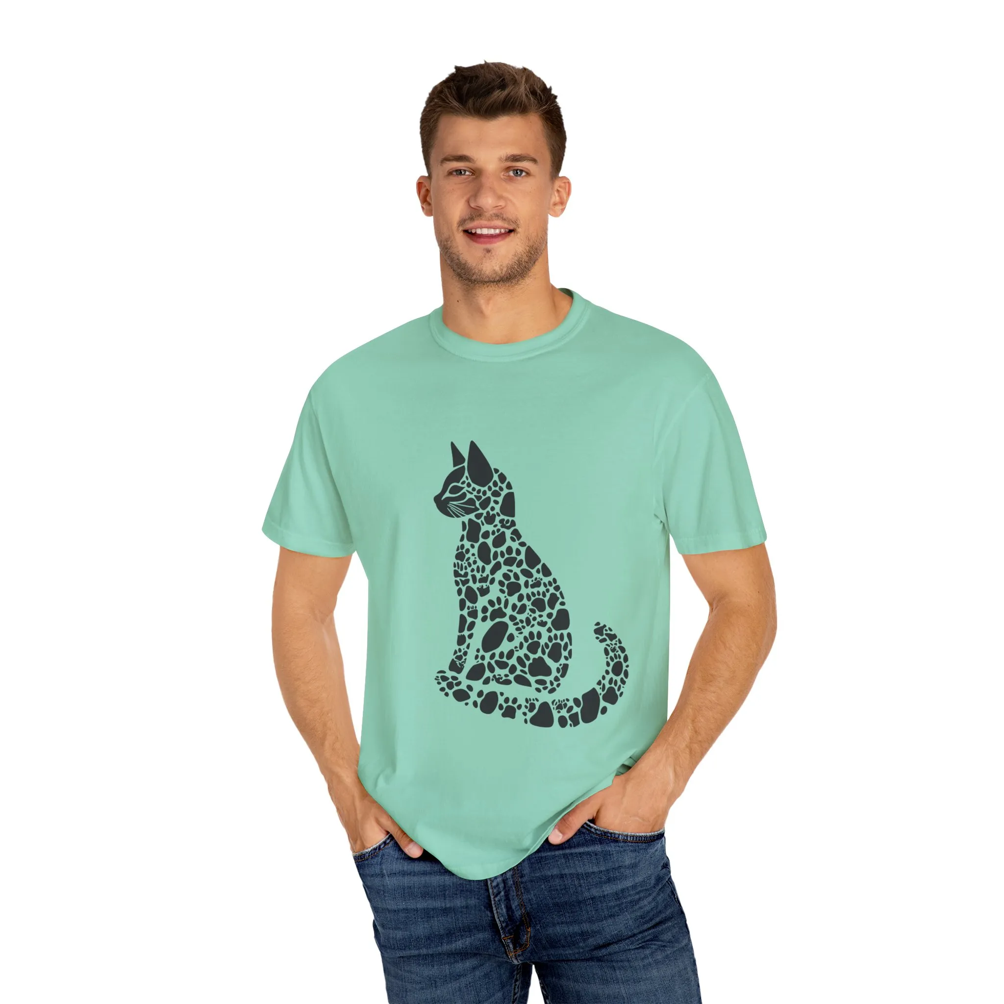 Unisex Cat Lover T-Shirt | Vintage Garment-Dyed Tee with Paw Print Cat Silhouette - Image 11
