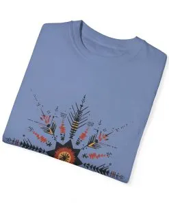 Boho chic nature t-shirt with geometric tribal design, artistic mandala print tee, unisex garment-dyed earthy tone t-shirt, bohemian festival fashion t-shirt.