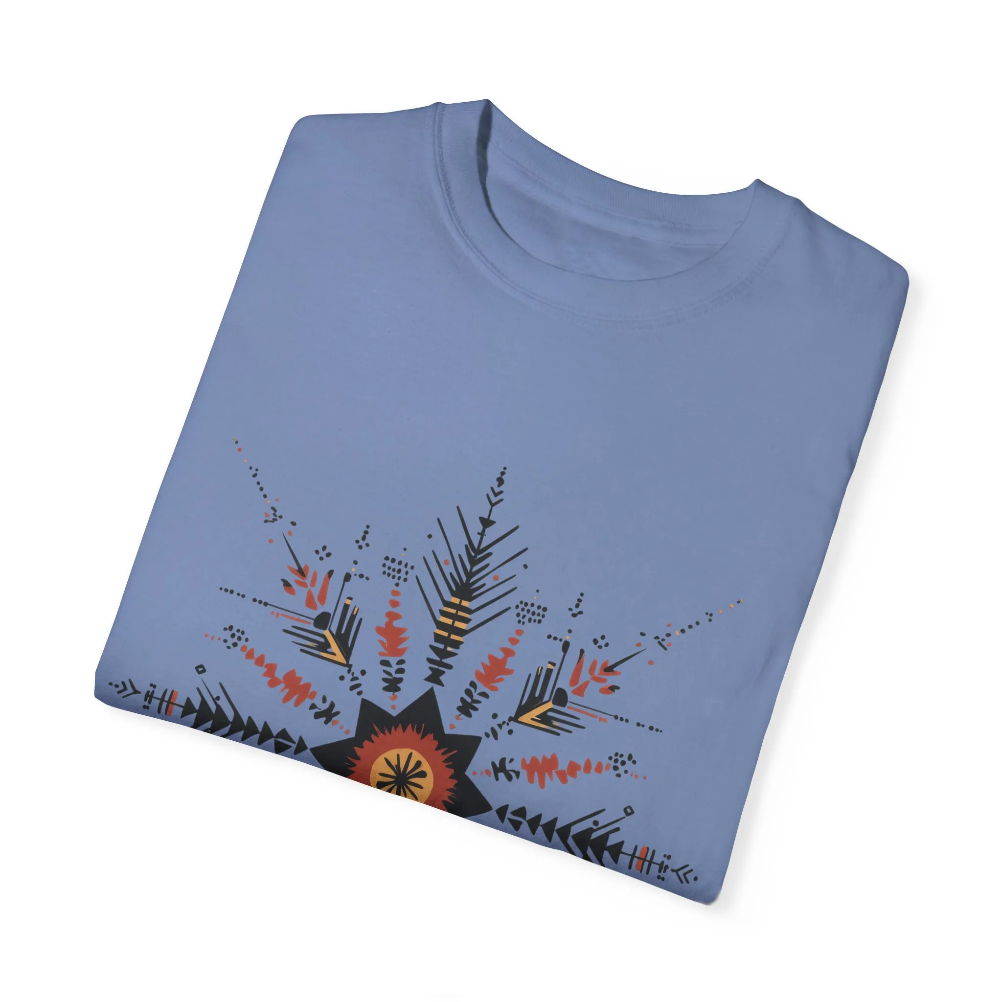 Boho chic nature t-shirt with geometric tribal design, artistic mandala print tee, unisex garment-dyed earthy tone t-shirt, bohemian festival fashion t-shirt.
