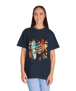 Colorful feather t-shirt with bohemian feather print, artistic tribal feather design tee, unisex boho chic feather graphic t-shirt on white fabric.