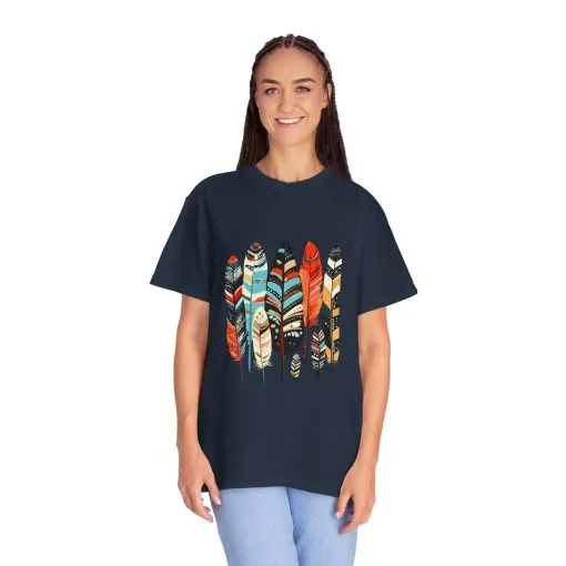 Colorful feather t-shirt with bohemian feather print, artistic tribal feather design tee, unisex boho chic feather graphic t-shirt on white fabric.