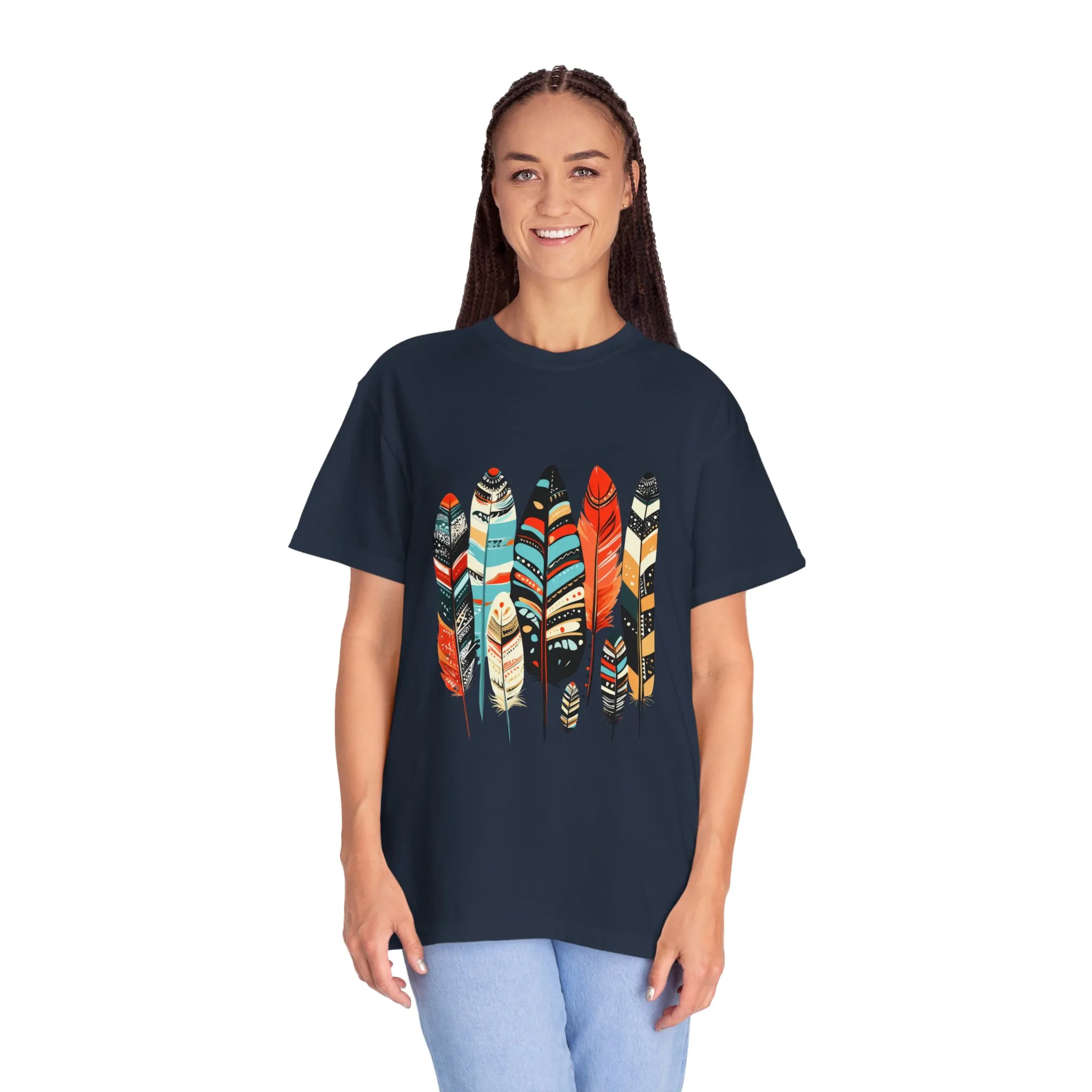 Colorful feather t-shirt with bohemian feather print, artistic tribal feather design tee, unisex boho chic feather graphic t-shirt on white fabric.