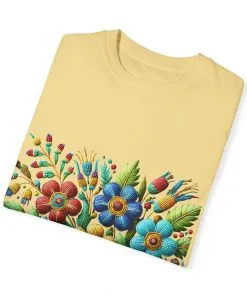 Colorful floral t-shirt with artistic flower print, vibrant unisex garment-dyed tee, bohemian botanical design t-shirt, handmade style floral print tee on light blue fabric.