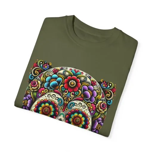 Colorful Floral Skull T-Shirt | Day of the Dead Style | Unisex Garment-Dyed Tee - Image 10