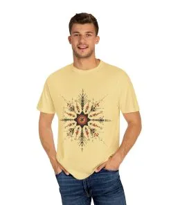 Boho chic nature t-shirt with geometric tribal design, artistic mandala print tee, unisex garment-dyed earthy tone t-shirt, bohemian festival fashion t-shirt.