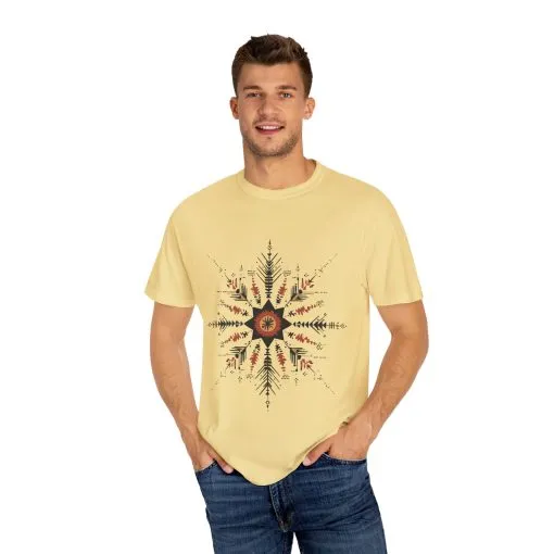Boho chic nature t-shirt with geometric tribal design, artistic mandala print tee, unisex garment-dyed earthy tone t-shirt, bohemian festival fashion t-shirt.