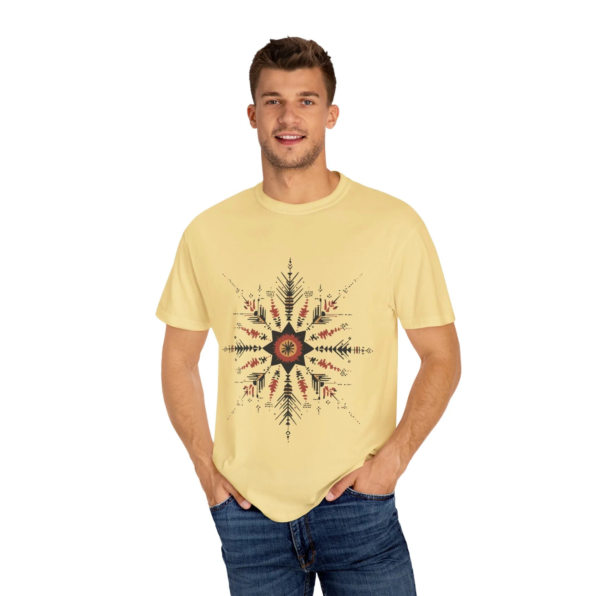 Boho chic nature t-shirt with geometric tribal design, artistic mandala print tee, unisex garment-dyed earthy tone t-shirt, bohemian festival fashion t-shirt.