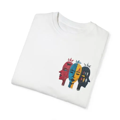 Vibrant Unisex Garment-Dyed T-Shirt with African Masks Design - Image 3