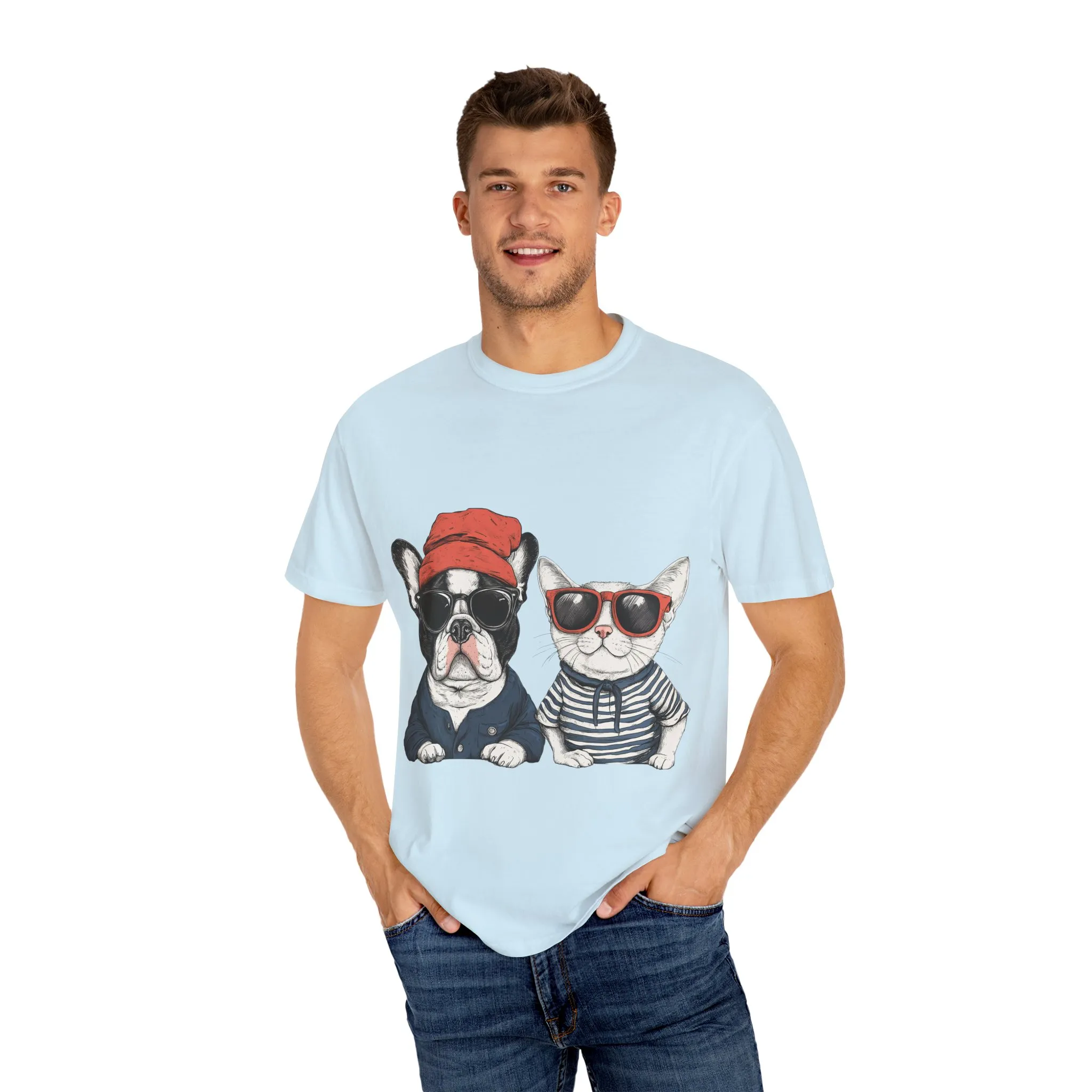Trendy French Bulldog & Cat T-Shirt, Unisex Vintage Graphic Tee with Cool Sunglasses Design - Image 19