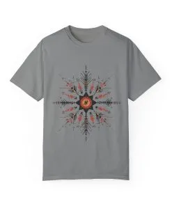 Boho chic nature t-shirt with geometric tribal design, artistic mandala print tee, unisex garment-dyed earthy tone t-shirt, bohemian festival fashion t-shirt.